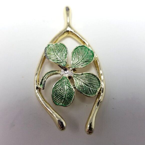 Vintage Gerry's Four Leaf Clover Wishbone Brooch, Green and Gold Tone, Good Luck - Picture 1 of 7